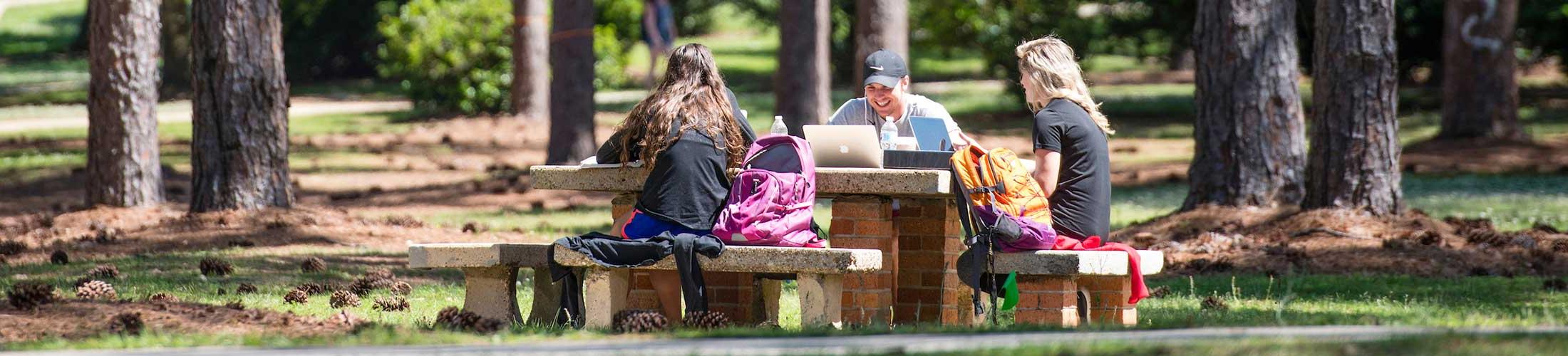 Students studying at a table outdoors on campus.